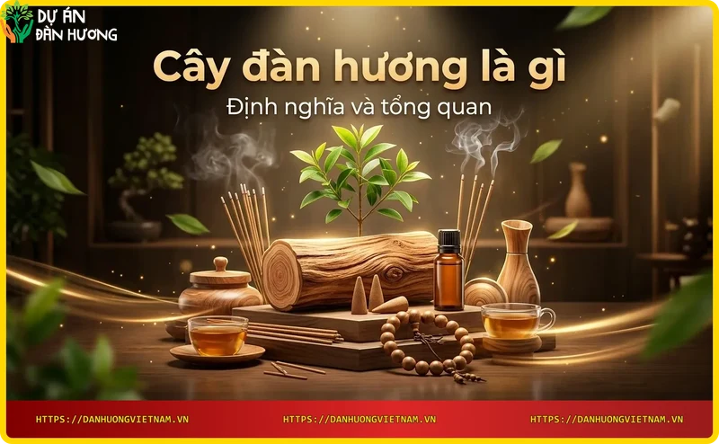 Thân cây đàn hương với vỏ sần sùi và nhựa thơm, lá xanh và hoa tím