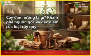 Thân cây đàn hương với vỏ sần sùi và nhựa thơm, lá xanh và hoa tím