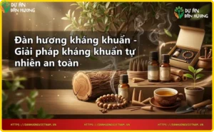 Tinh dầu đàn hương kháng khuẩn tự nhiên trong chai thủy tinh cùng gỗ đàn hương
