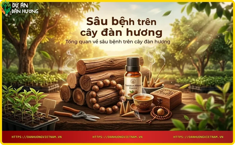 Tổng quan vườn đàn hương bị sâu bệnh, cây xanh xen lẫn cây héo úa.