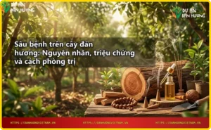 Tổng quan vườn đàn hương bị sâu bệnh, cây xanh xen lẫn cây héo úa.