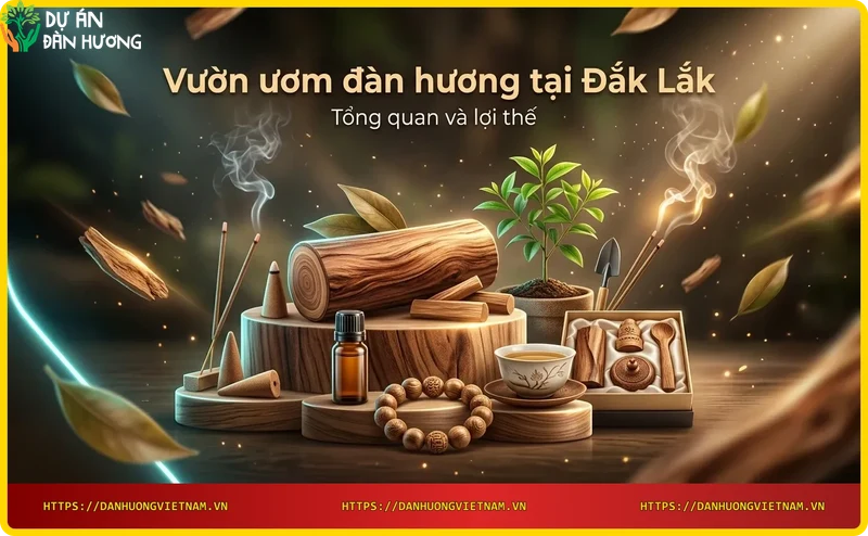 Tổng quan vườn ươm đàn hương tại Đắk Lắk với đất đỏ bazan và cây giống xanh mướt