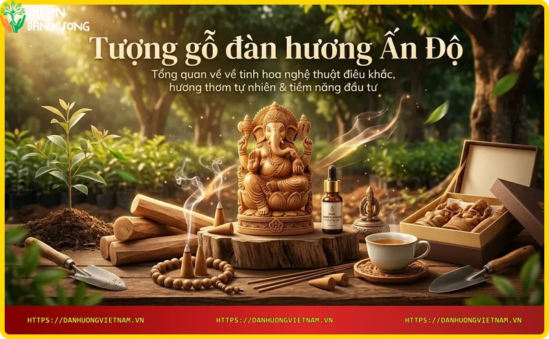 tuong-phat-bang-go-dan-huong-an-do-tren-ban-tho-go-voi-dia-go-dan-huong-va-huong-thom Tượng Phật bằng gỗ đàn hương Ấn Độ trên bàn thờ gỗ, với đĩa gỗ đàn hương và hương thơm