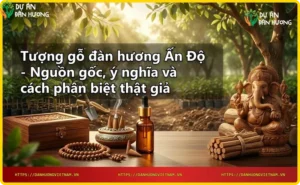 Tượng Phật bằng gỗ đàn hương Ấn Độ trên bàn thờ gỗ, với đĩa gỗ đàn hương và hương thơm