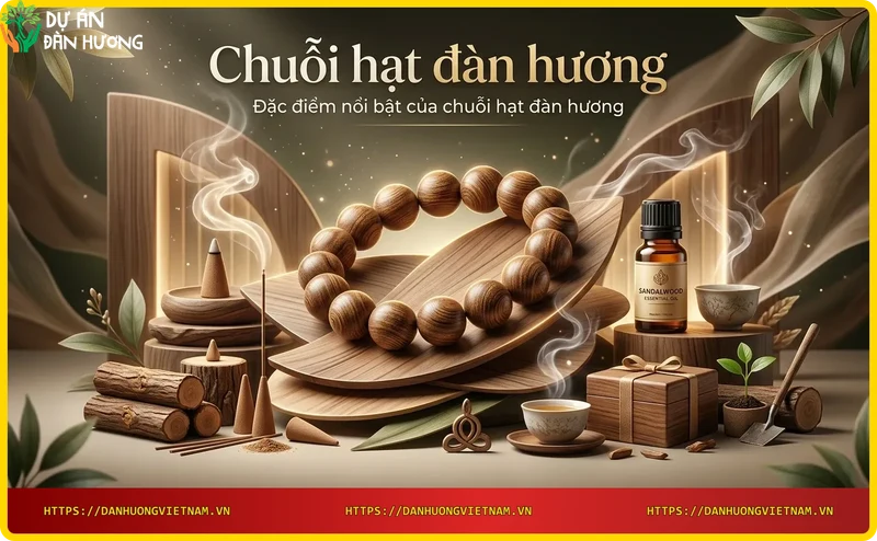 Vân gỗ đàn hương tự nhiên trên từng hạt, màu sắc từ vàng nhạt đến nâu sẫm