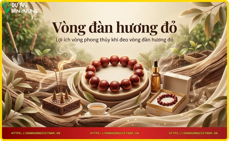 Vòng đàn hương đỏ đeo trên tay với hiệu ứng ánh sáng phong thủy