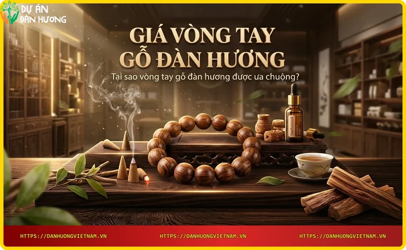 Vòng đàn hương trên nền gỗ và lá cây, thể hiện phong thủy