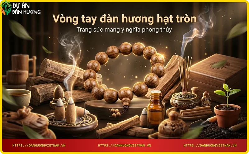 Vòng tay đàn hương hạt tròn trên kệ gỗ với khói trầm hương