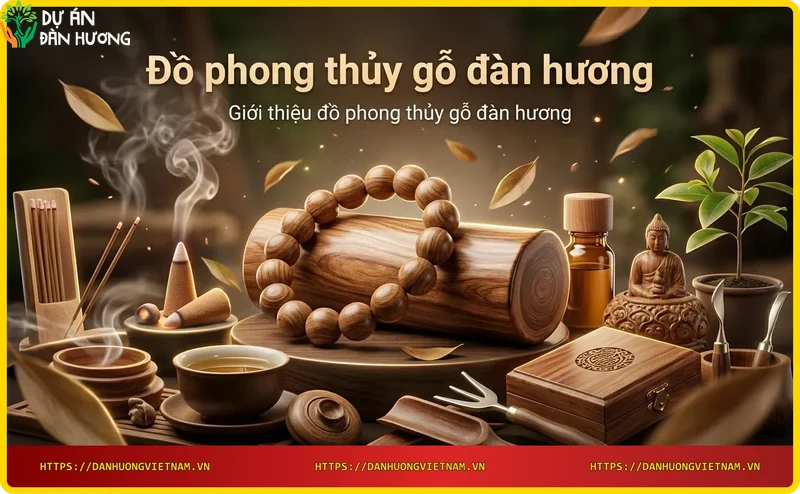 Vòng tay gỗ đàn hương và tượng Phật nhỏ trên bàn gỗ với khói nhang.