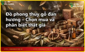 Vòng tay gỗ đàn hương và tượng Phật nhỏ trên bàn gỗ với khói nhang.