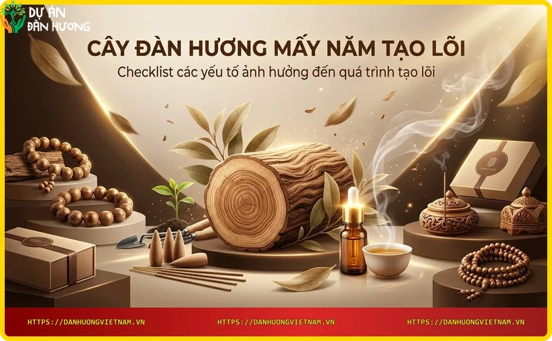 Vườn cây đàn hương phát triển tốt dưới ánh nắng chiều tà, đất tơi xốp và hệ thống tưới tiêu