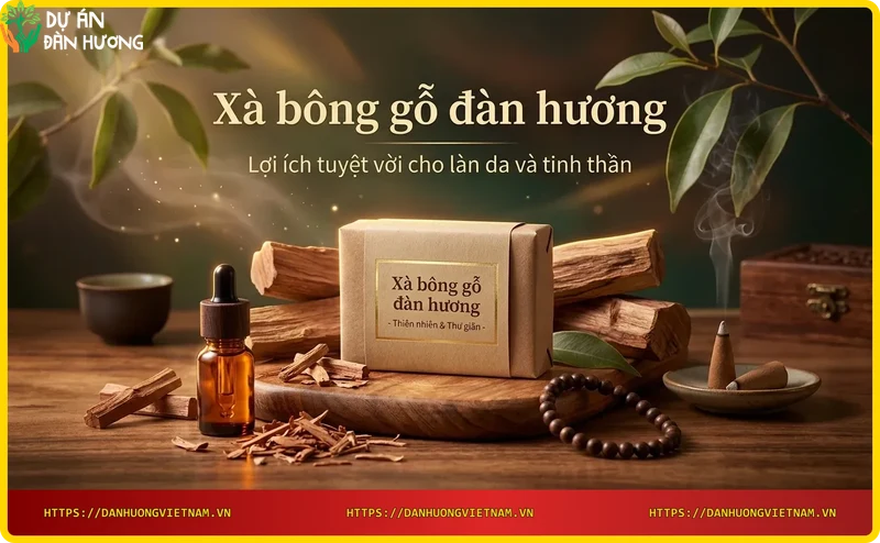Xà bông gỗ đàn hương trong không gian spa với hơi nước và ánh sáng ấm